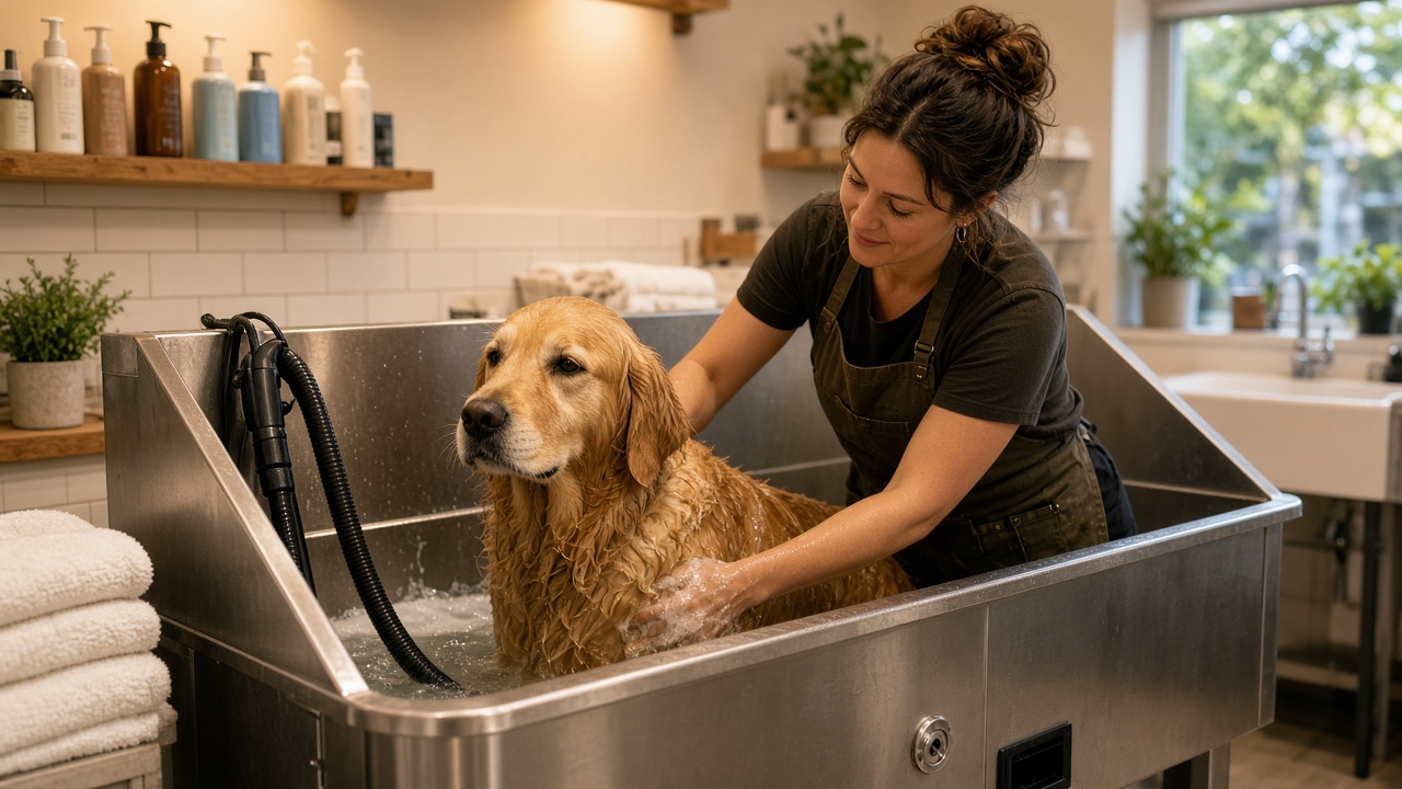 Freshly groomed dog on a Clewiston salon table