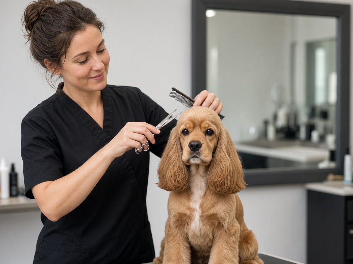 Groomer helping a guest choose a full groom at the salon