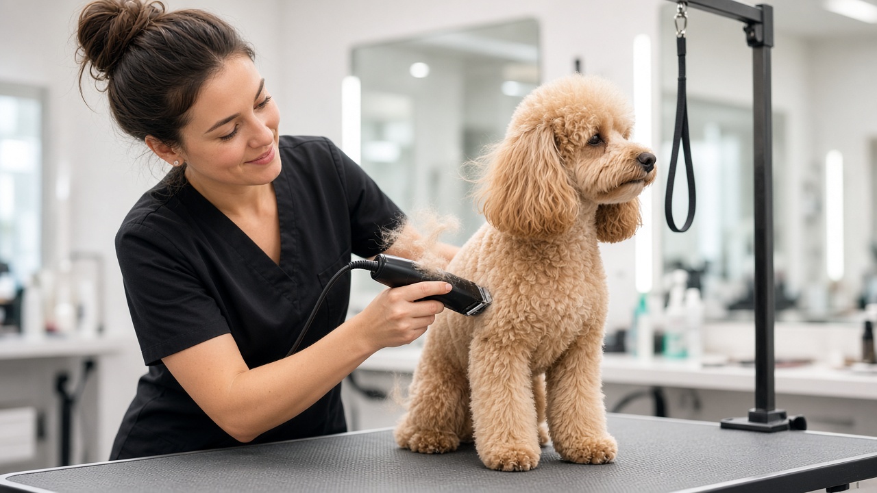 Groomer finishing a full groom at a busy salon table