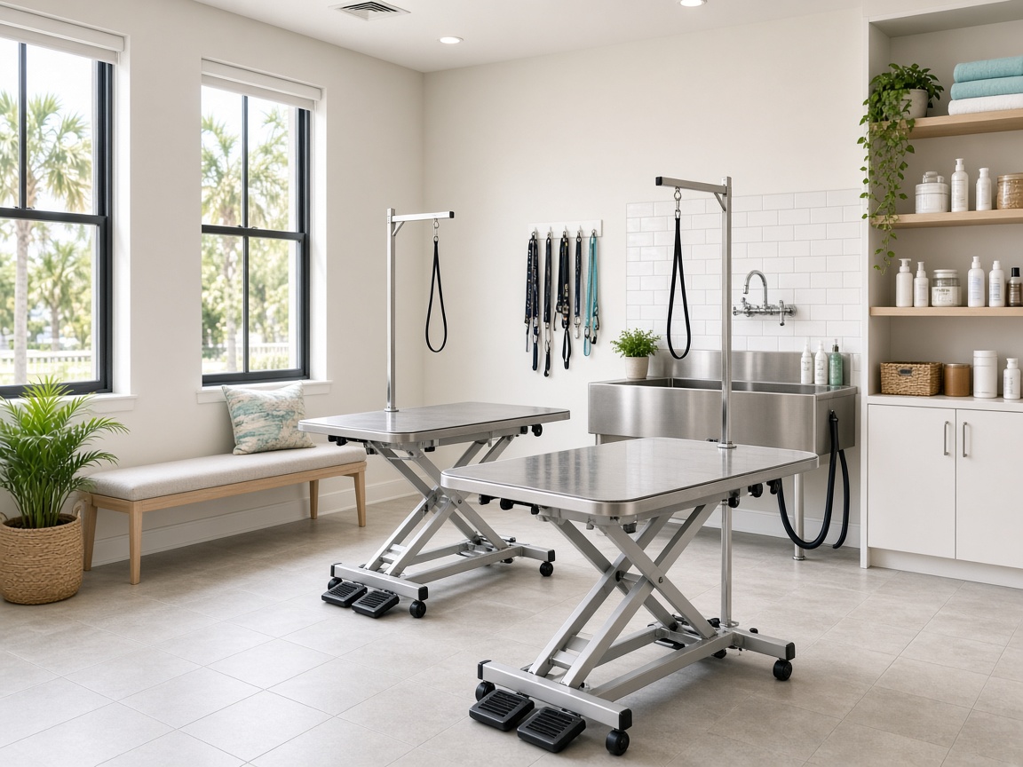 Warm salon reception and waiting bench at Perfect Paws Grooming